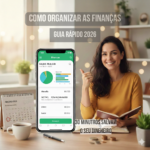 Mulher sorrindo segurando um celular com aplicativo de controle financeiro, calendário de janeiro de 2026 e notebook sobre a mesa, representando organização de finanças.
